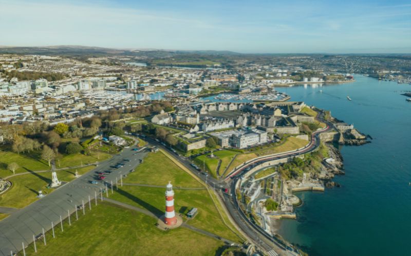 Aerial view of Plymouth coastline - representing broadband in Plymouth