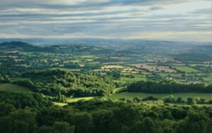 Aerial view of green hills near Redditch showing broadband reach in surrounding areas