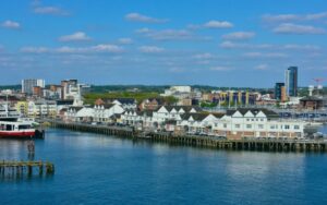 Southampton waterfront with marina and modern buildings – representing broadband in Southampton