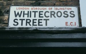 Whitecross street sign in Islington, representing the local broadband coverage area
